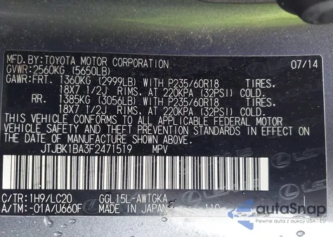 2015 Lexus Rx 350 z USA, uszkodzony, nr VIN JTJBK1BA3F2471519